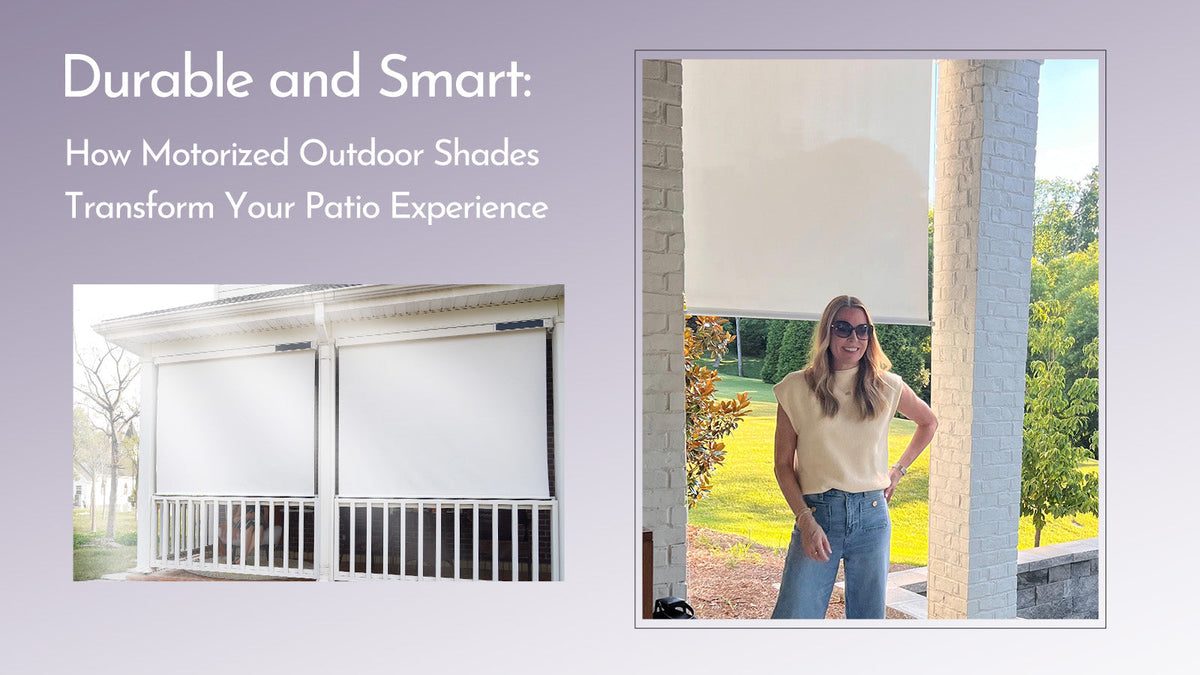 Motorized outdoor patio shades on a porch, with a woman standing outside in sunlight