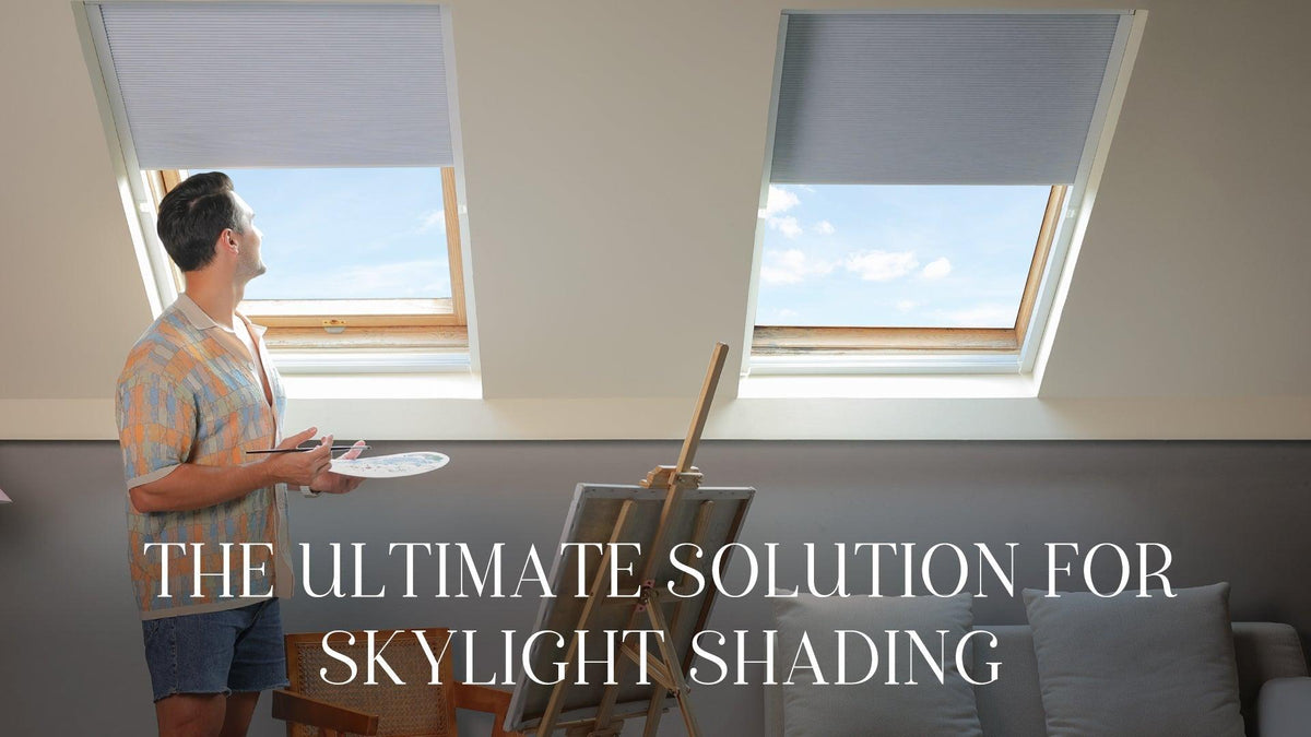 Modern attic with skylight window shades, artist painting by natural light, text overlay.