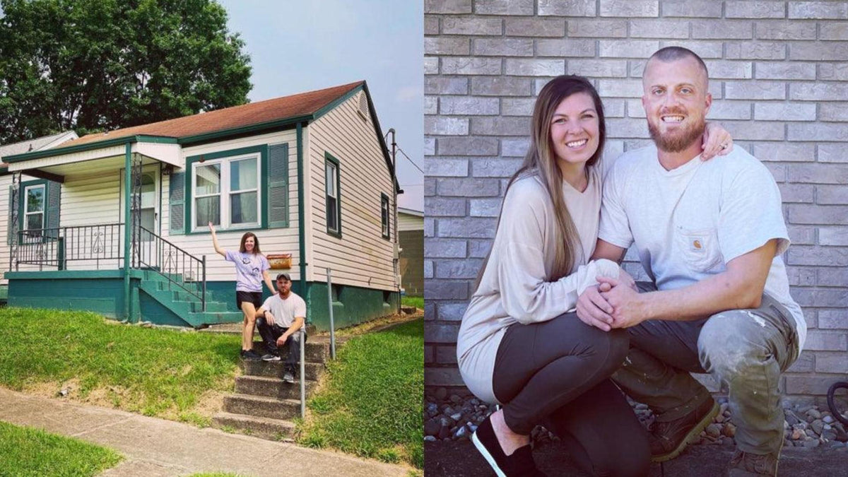 Couple outside small house before renovation, and after in front of updated brick exterior