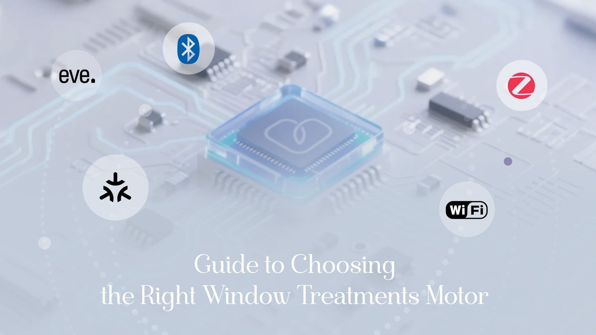 Smart window treatment motor guide with Bluetooth, Zigbee, Matter, WiFi, and Eve icons on a microchip background.
