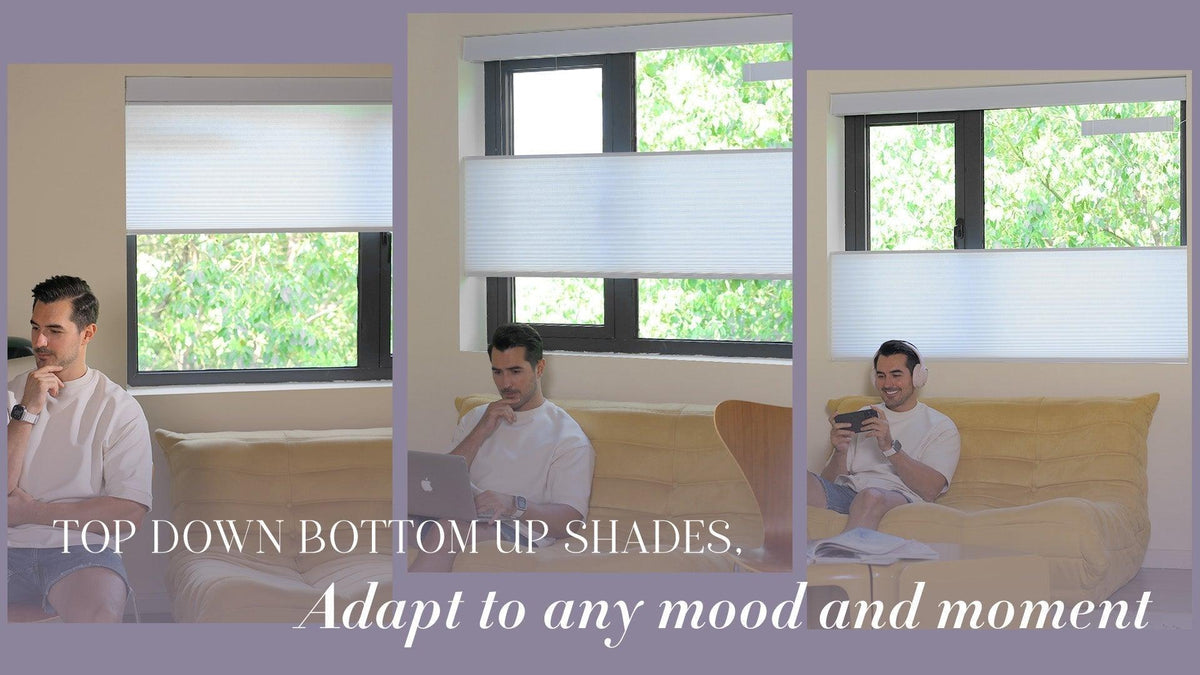 Man relaxing in living room with top down bottom up window shades in various positions.