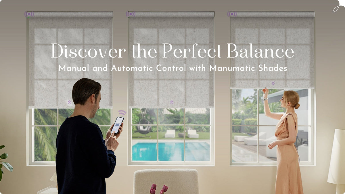 Smart window shades in modern living room, controlled by app and manually, with pool view.