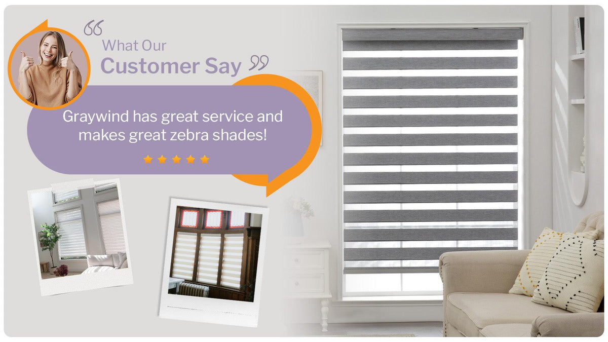 Modern living room with graywind zebra window shades, customer testimonial, and decor accents.