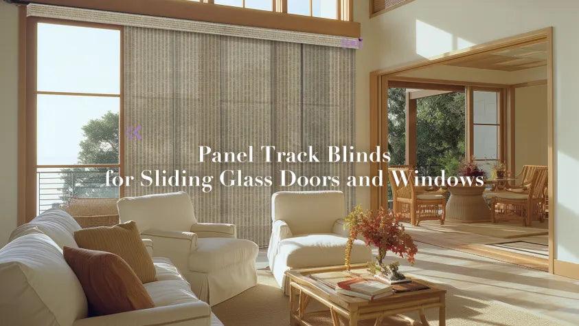 Modern living room with panel track blinds on large sliding glass doors, natural light, cozy decor