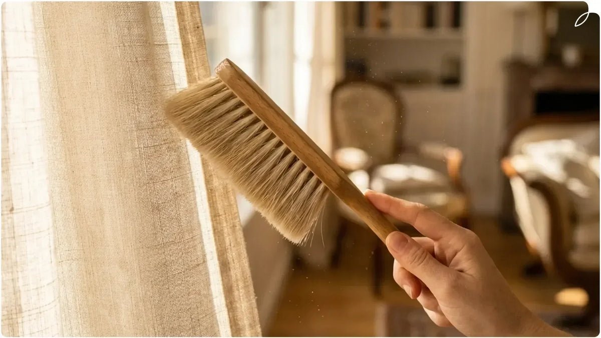 Hand using a cleaning tool on fabric window blinds, guide for cleaning blinds