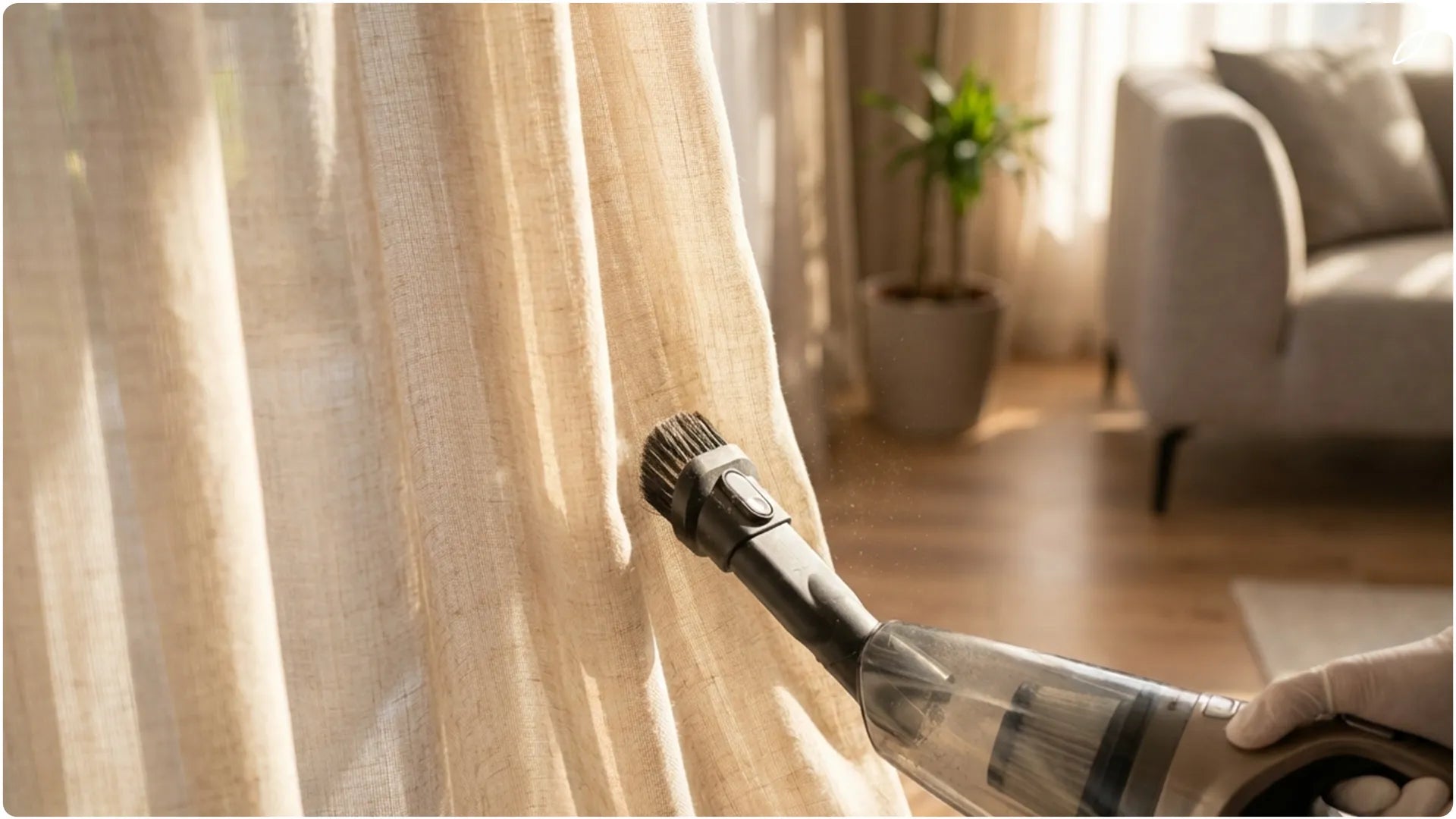 A picture showing a vacuum cleaner sucking up the dust from the curtains