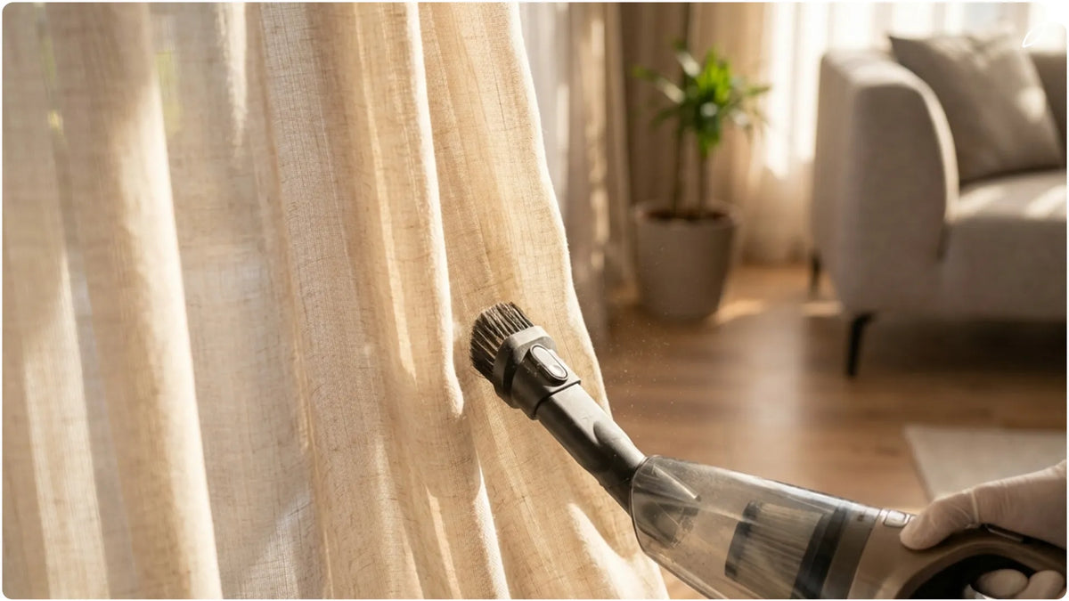 A picture showing a vacuum cleaner sucking up the dust from the curtains
