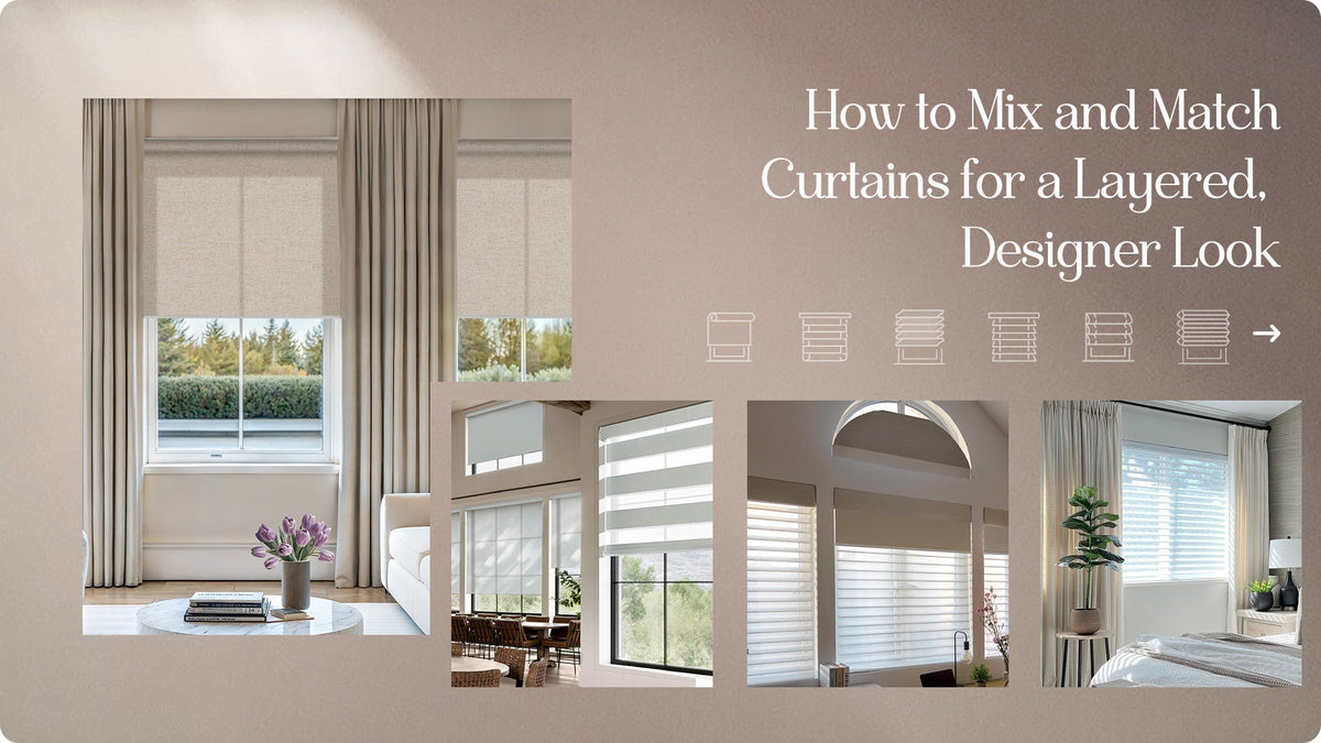 Layered window treatments with curtains, roller blinds, and shades in modern home interiors.