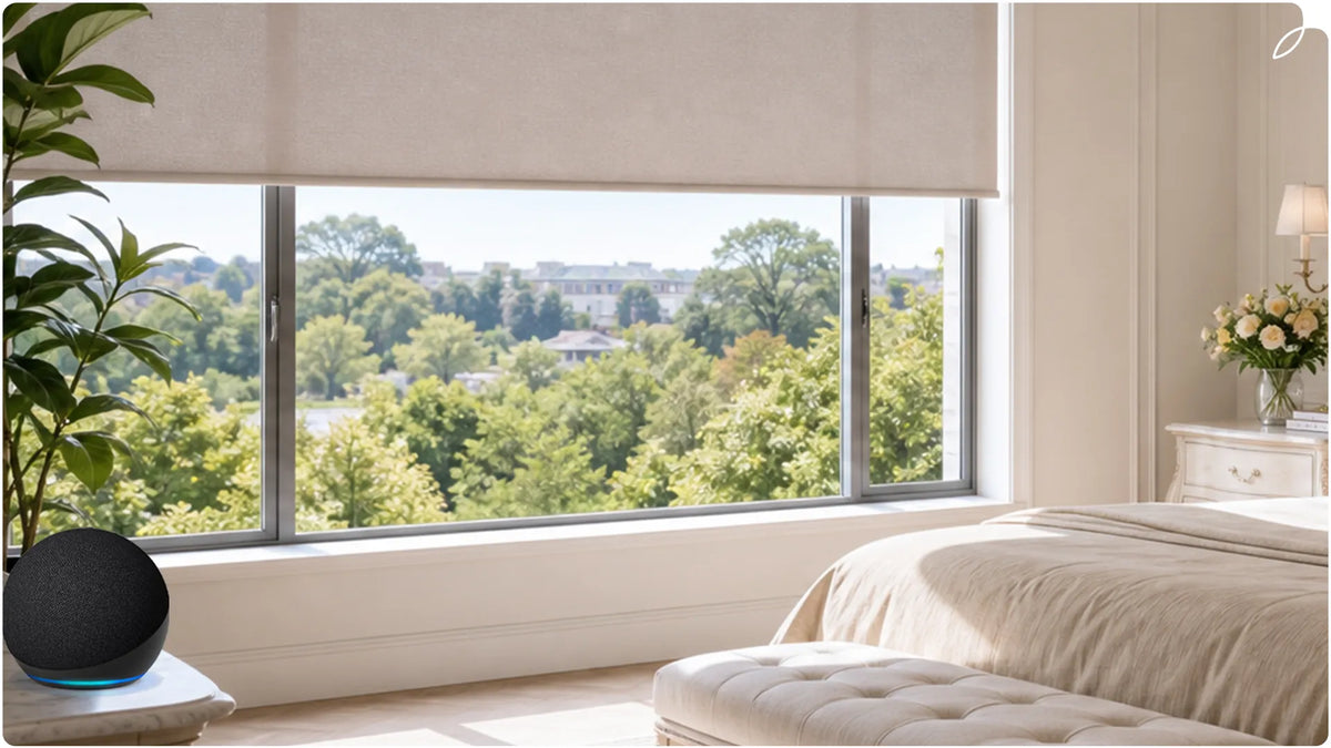 Motorized roller shades with Alexa voice control in a bedroom