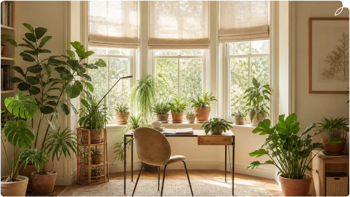 The modern living room features bay windows and roman shades. As a home office, it is surrounded by numerous green plants.