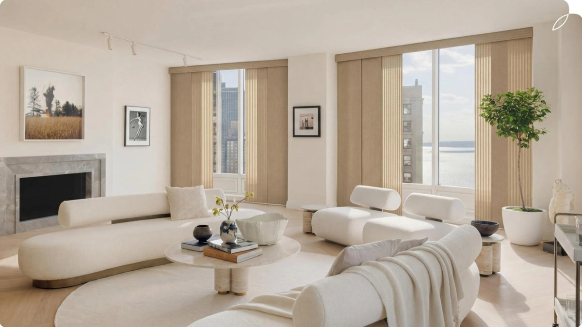 Floor‑to‑ceiling large windows in bright luxury city apartment with modern sliding panel blinds