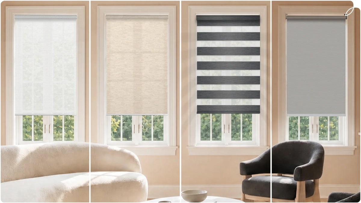 Window treatment shading degree comparison: from left to right, they are Sheer, light-filtering, room-darkening, blackout.