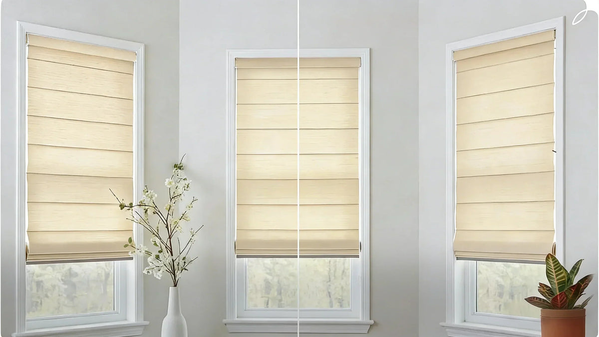 A scene picture of roman shades in the bay window. The style on the left is valance and the one on the right is cornice
