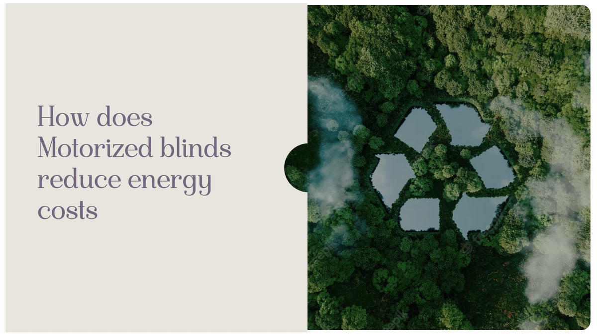 Motorized blinds energy savings text beside aerial forest with recycle symbol made of trees and ponds