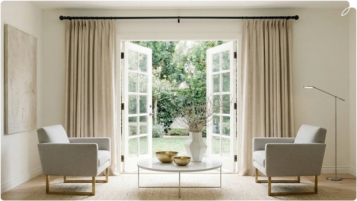 A picture of a living room with curtain
