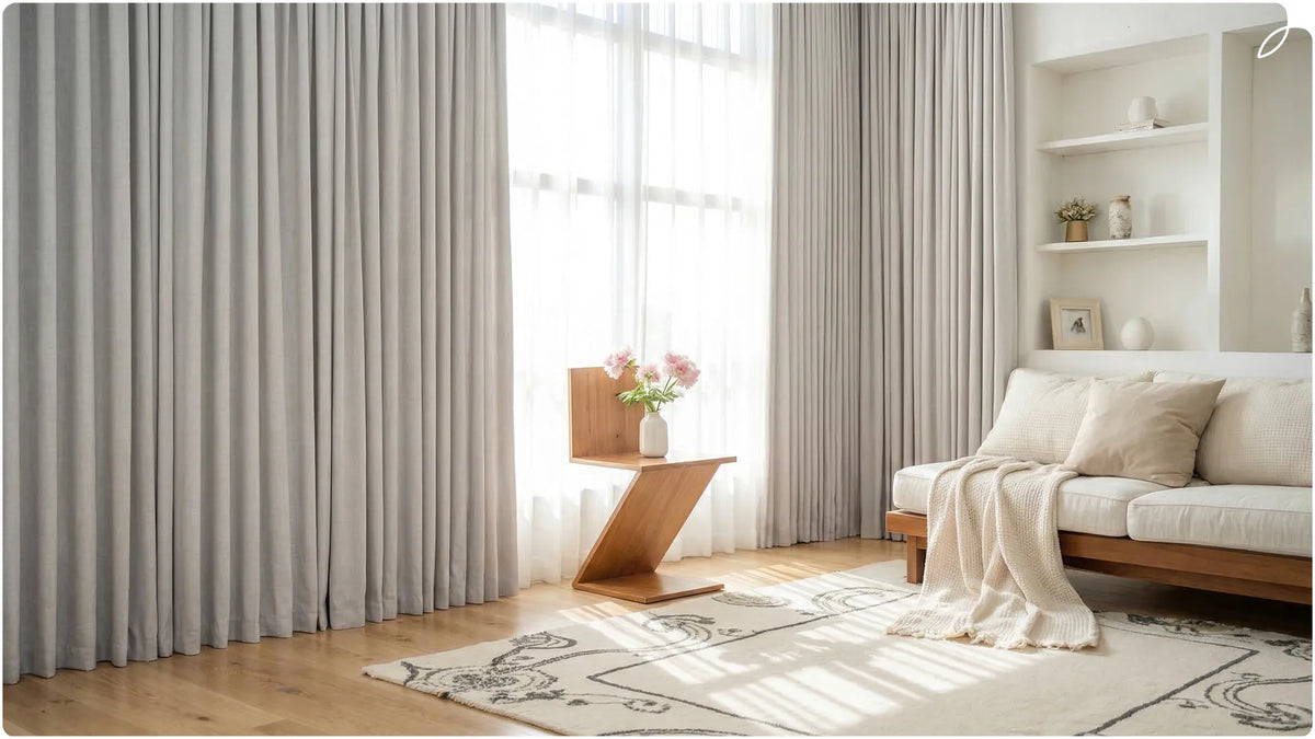 A scene picture of a living room with harmonious colors and curtains