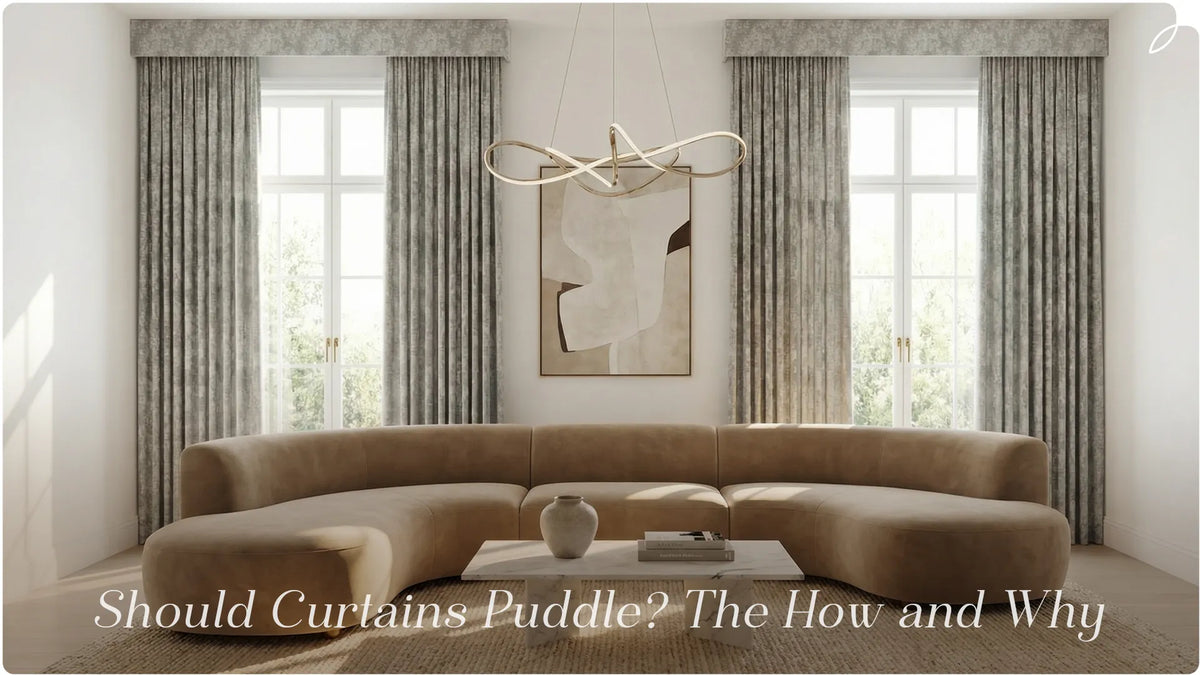 A picture of a living room with curtains, accompanied by the caption "Should Curtains Pool? The How and Why”