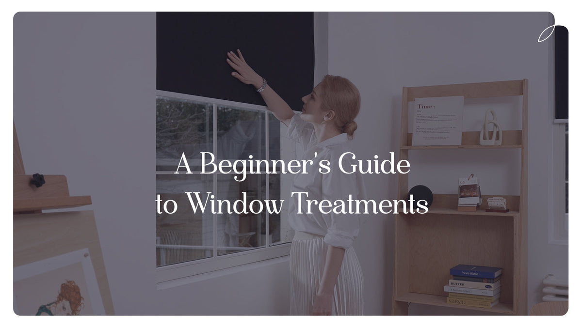 Woman adjusting blackout window shade in modern living room, beginner's window treatment guide