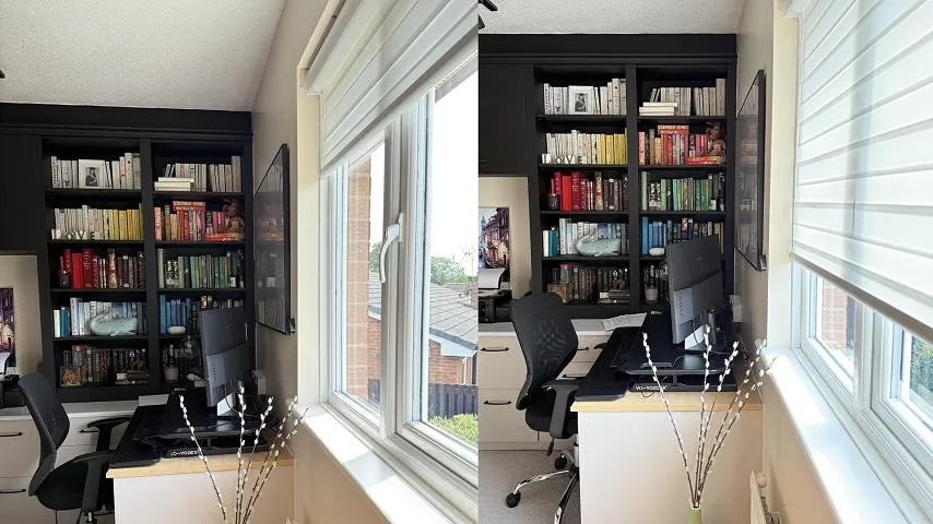 Home office with large smart window shades, black bookshelves, and a modern desk setup