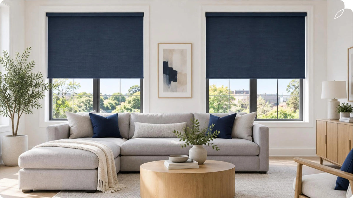 Modern living room is equipped with bold color window treatments.