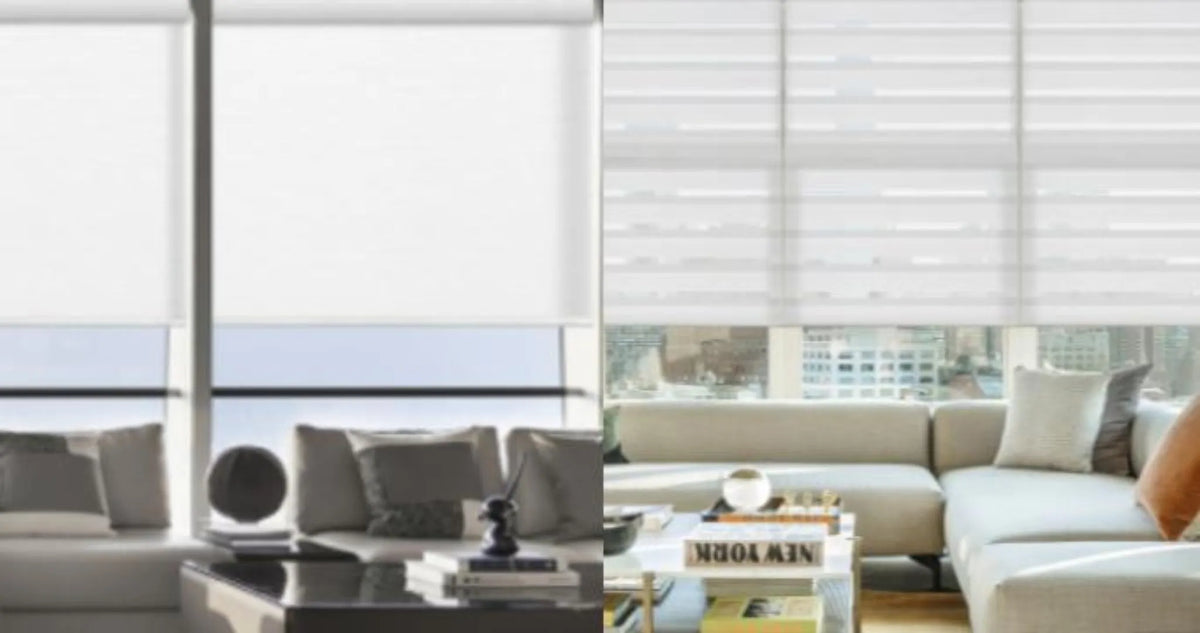 Side-by-side comparison of window shades and blinds in modern home interiors, purple background.