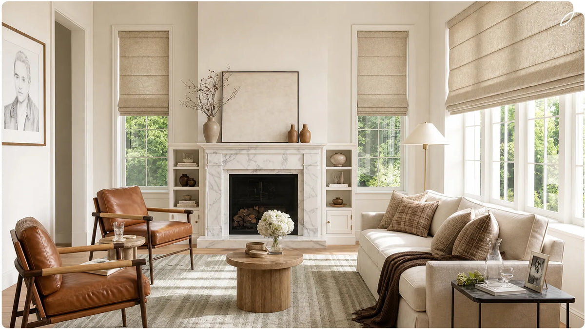 The modern-style living room has multiple windows and is equipped with roman shades.