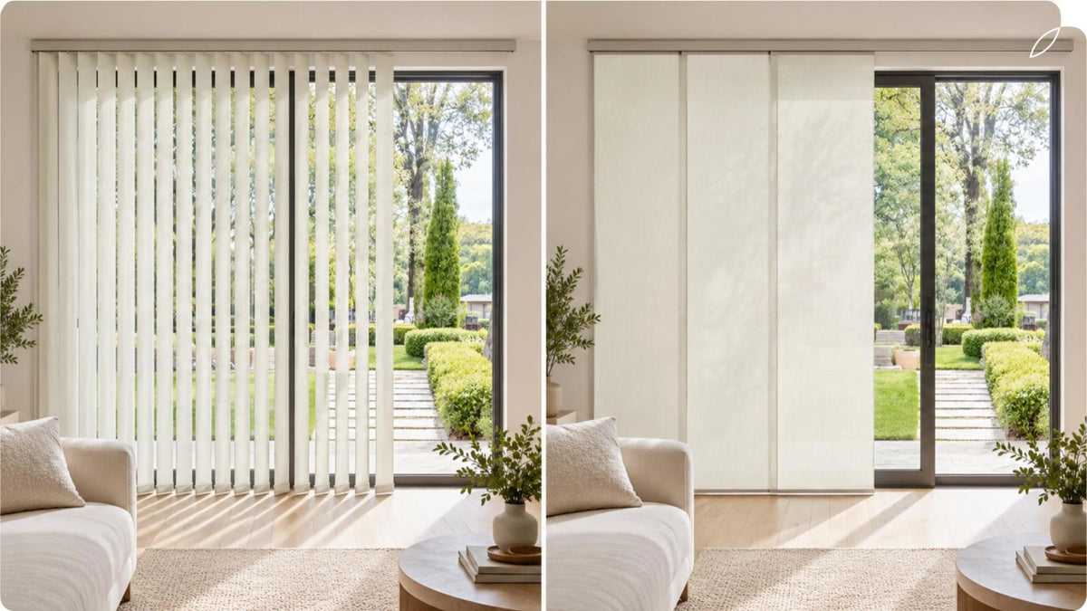 Comparison of Panel Track Blinds and vertical blinds, with large windows. On the left is the vertical blinds, and on the right is the panel track blinds.