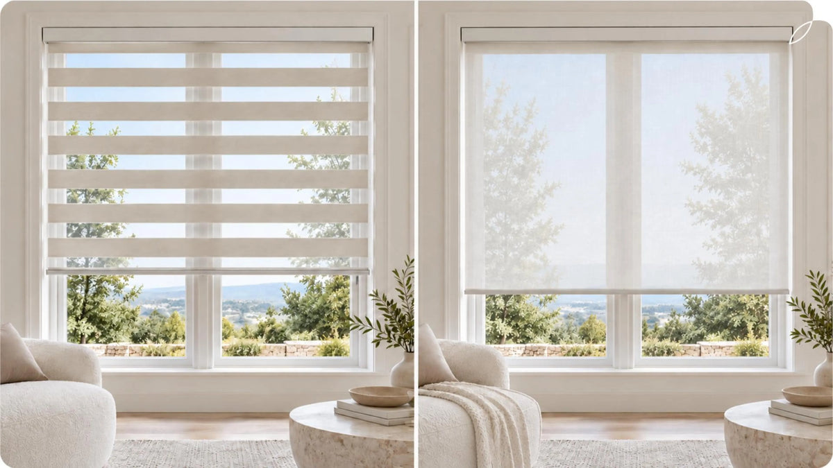 Comparison image of zebra blinds and sheer shades in the livingroom