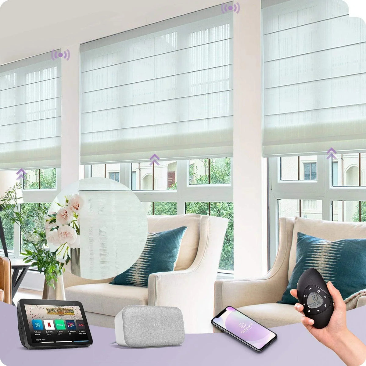 Smart motorized window shades in a modern living room, compatible with remote, app, and smart home devices.