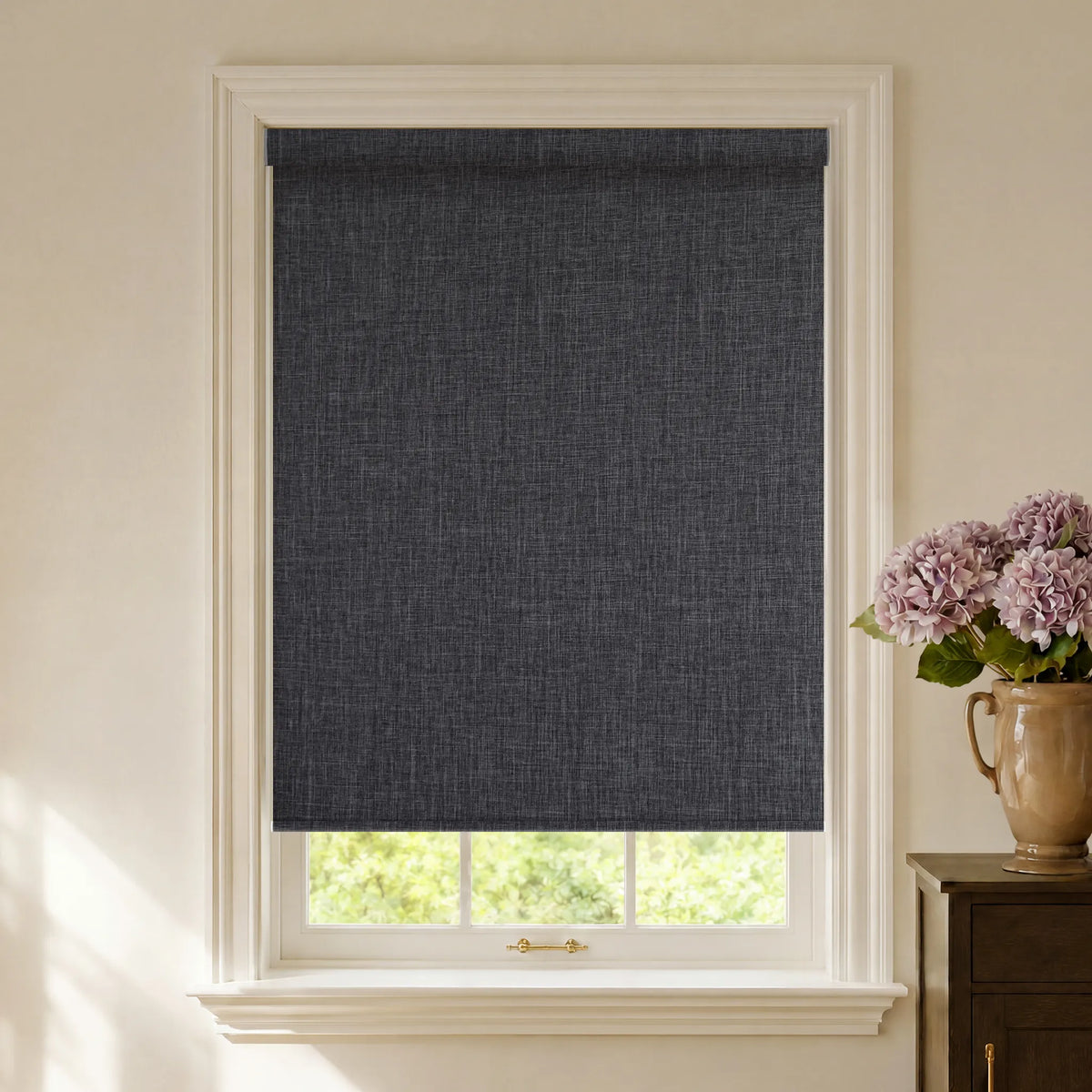 Dark grey fabric blackout roller shades for modern privacy and light control