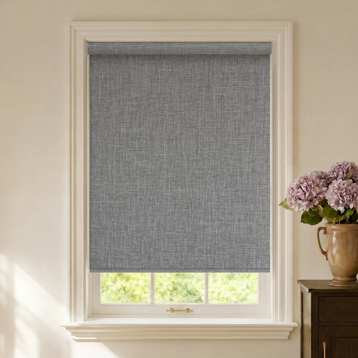 Light grey fabric blackout roller shades for soft modern light control