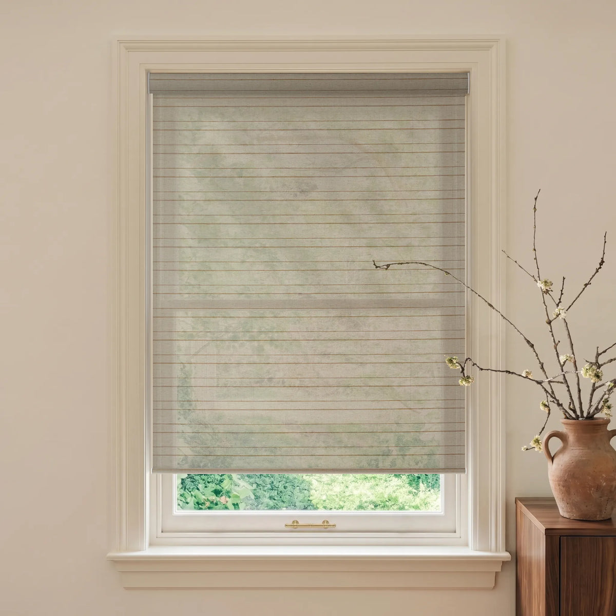 Quarry nature light filtering roller shades with a soft stone-inspired fabric look