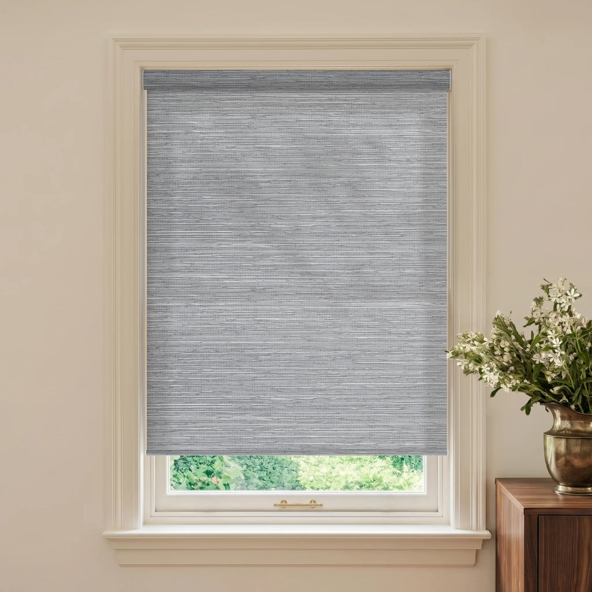 Grey jacquard textured light filtering roller shades for soft privacy and elegant light control