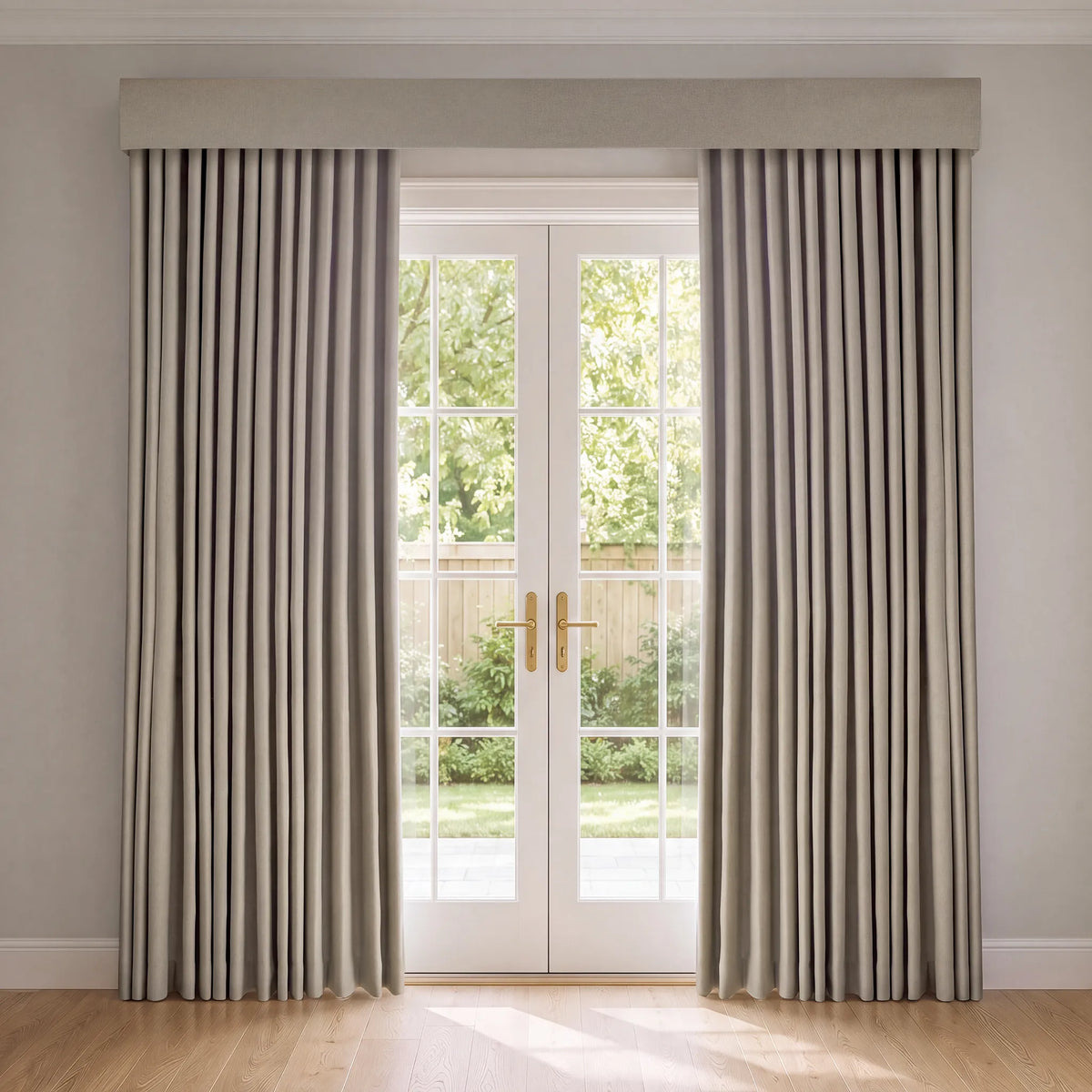 A pair of floor-length pleated curtains in a light taupe-beige color, styled on either side of a white French door with a window valance, set in a bright room with light wood floors.