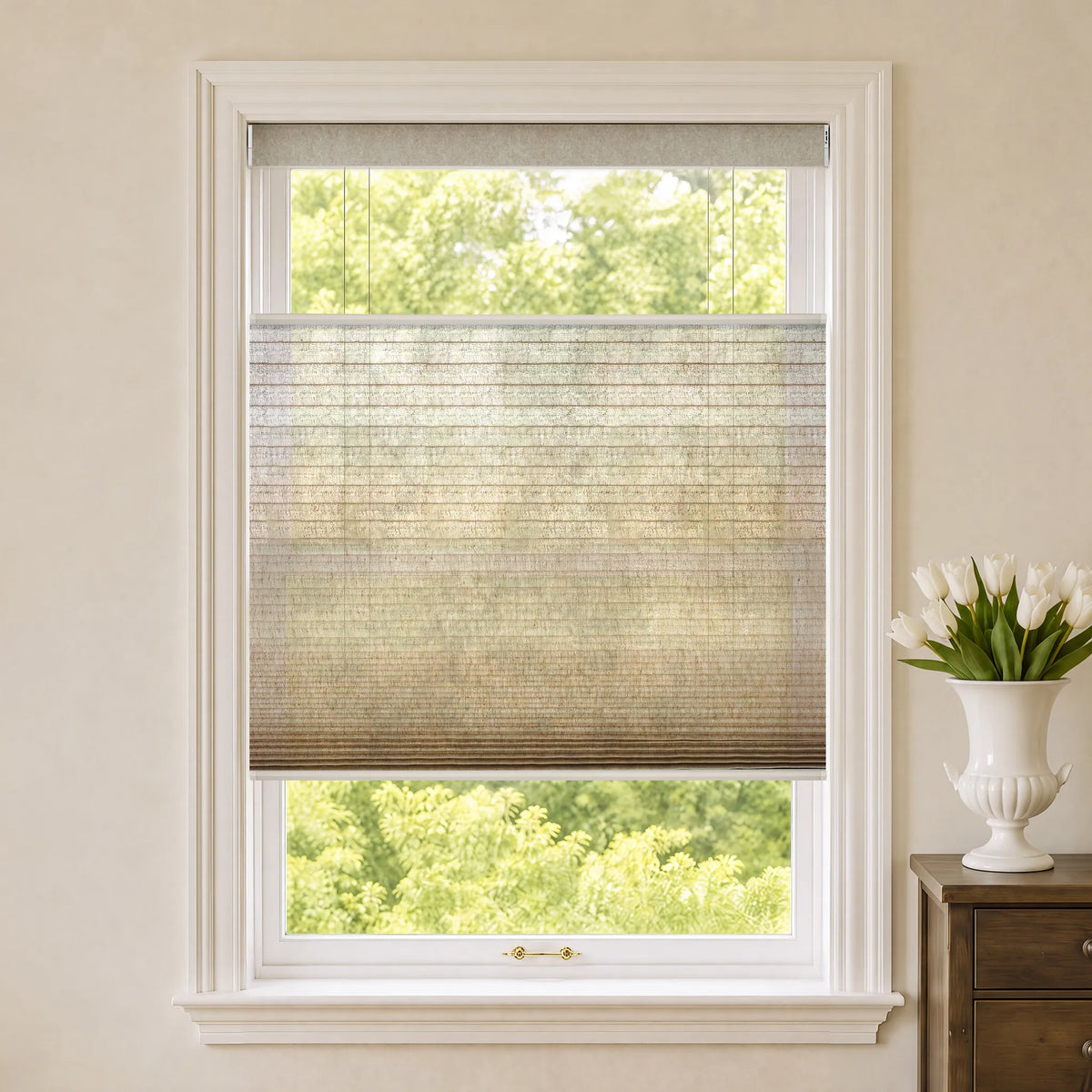 A beige Motorized Top Down Bottom Up Cellular Shades with a textured weave, shown partially drawn on a white-framed window in a bright room with a view of green trees outside.