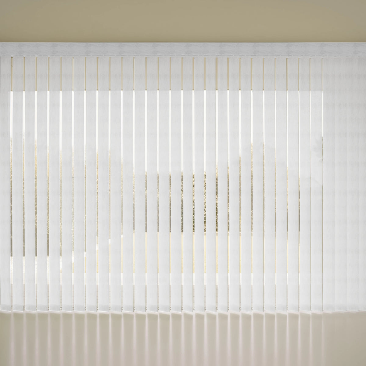 White Smart Vertical Blinds with a sheer white fabric roller, shown installed on a window with a beige wall and floor visible.