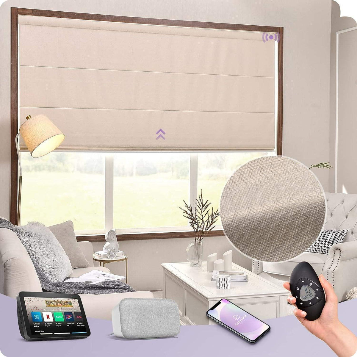 Textured oat smart Roman shade in living room, shown with remote, voice assistant, and fabric close-up