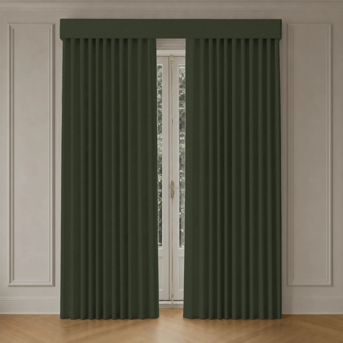 Green curtains on a window with beige walls and wooden floor