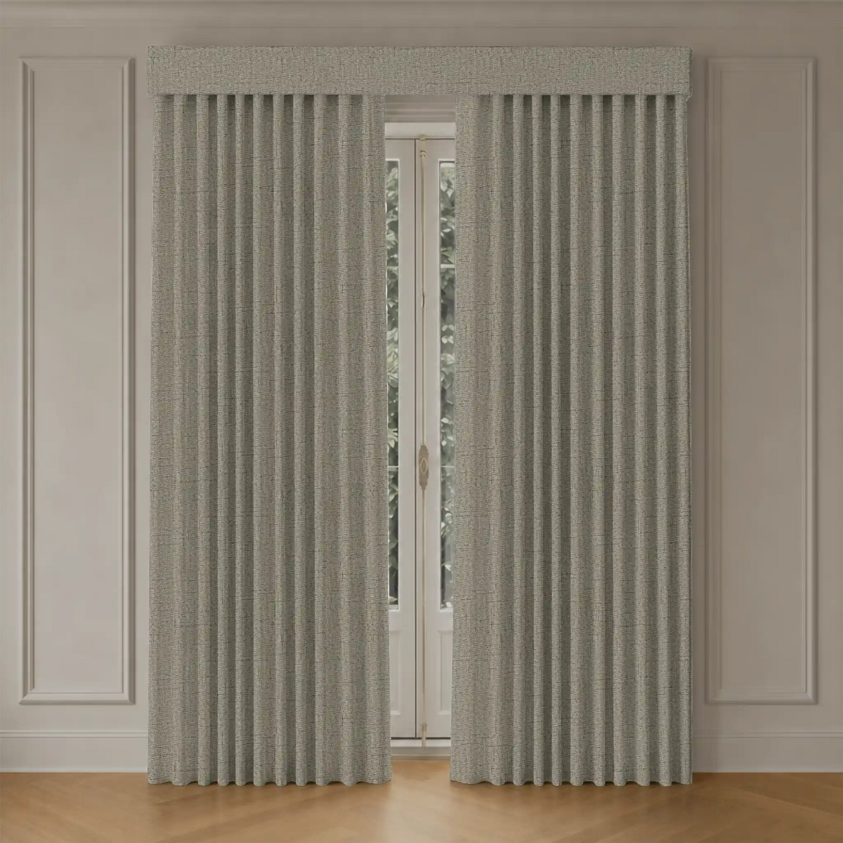 Pair of motorized blackout curtains hanging in front of a window with a neutral wall background