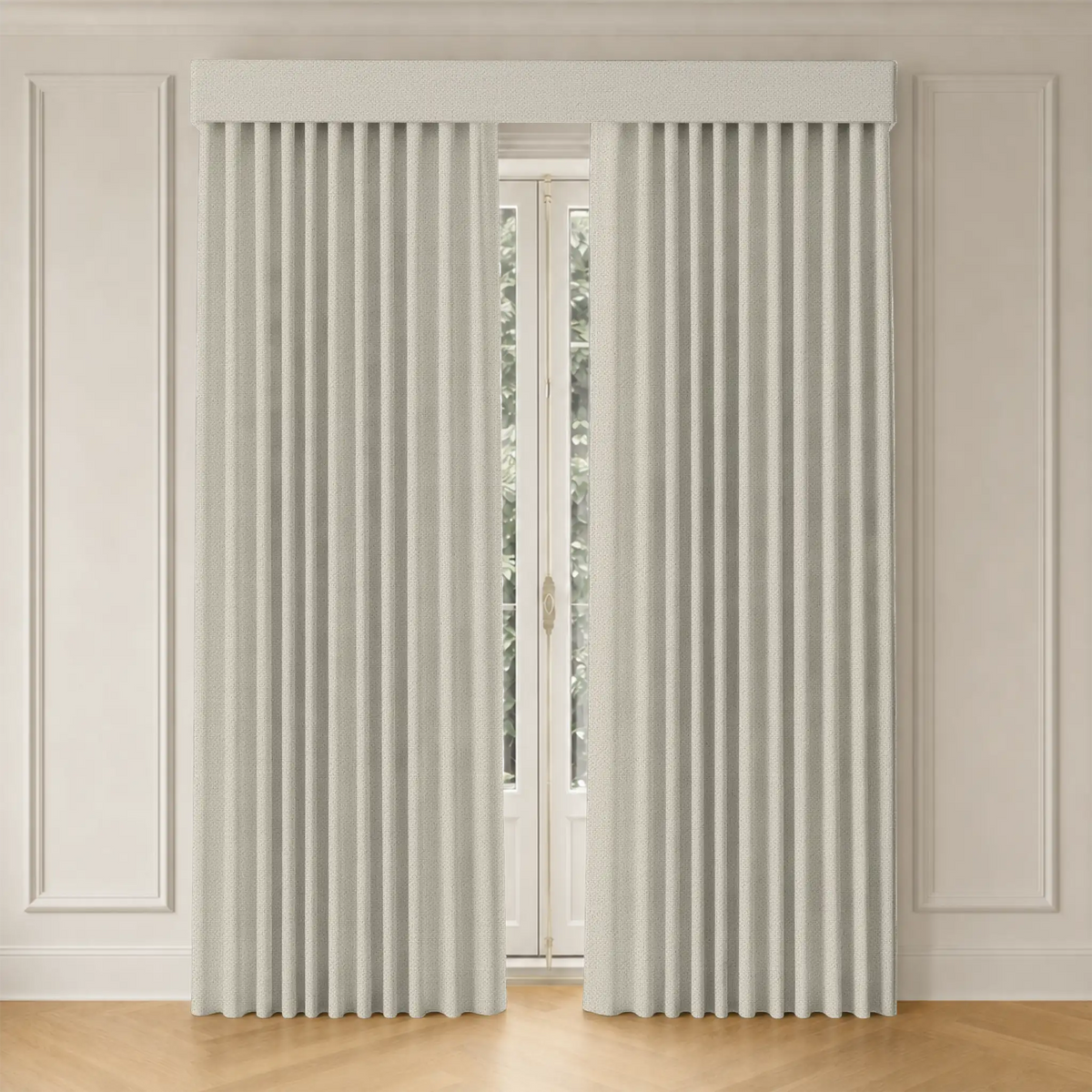 Pair of motorized curtains in a neutral color on a window with beige walls and wooden floor.