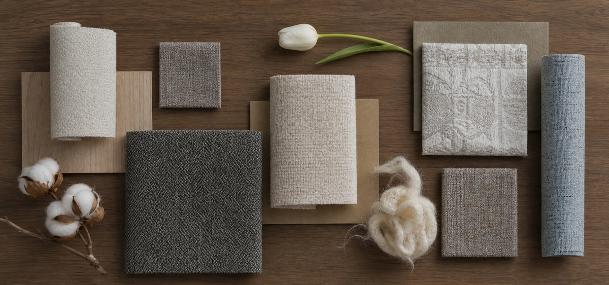 Collection of textured fabric swatches in neutral colors including white, beige, gray, and charcoal arranged on a wooden background with cotton flowers, wool fibers, and a white tulip.