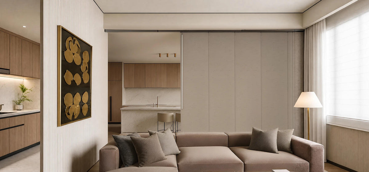 sliding panel track blinds separating a modern living room and open kitchen