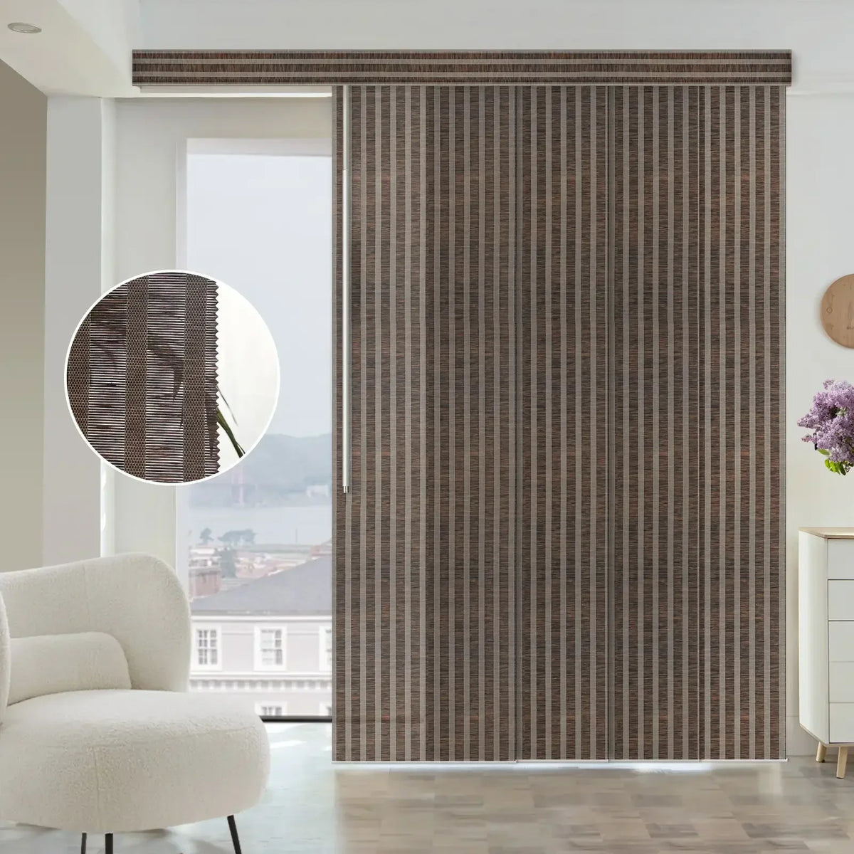 Graywind Manual Panel Track Blinds | Light Filtering Natural Fabric - Barkwood