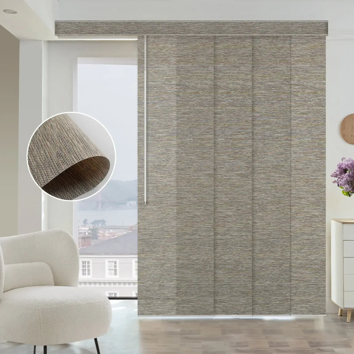 Graywind Manual Panel Track Blinds | Light Filtering Natural Fabric - Terrazzo