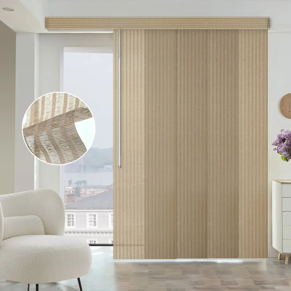 Graywind Manual Panel Track Blinds | Light Filtering Natural Fabric - Wheat