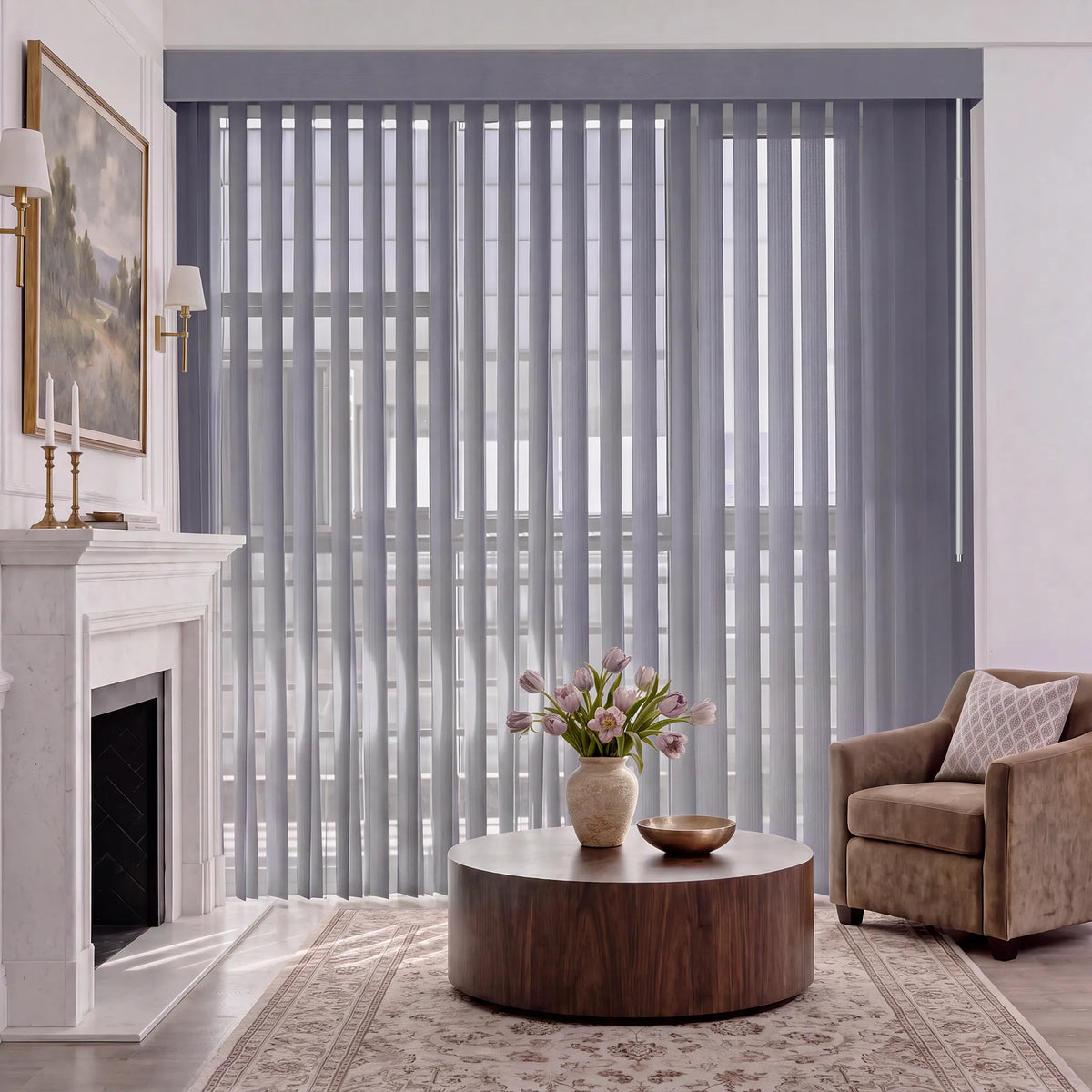 Gray manual Sheer Vertical Blindshanging over a large window in a modern dining room with a wooden table, chairs, and a sideboard.