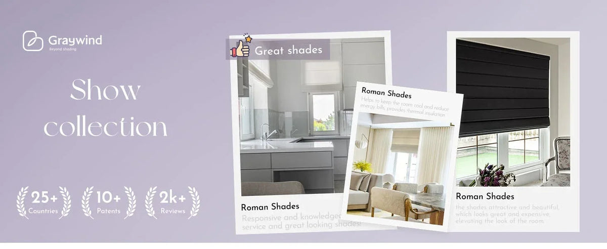 Advertisement for Great Shades Roman Shades with images of a bathroom and living room, and Graywind logo.