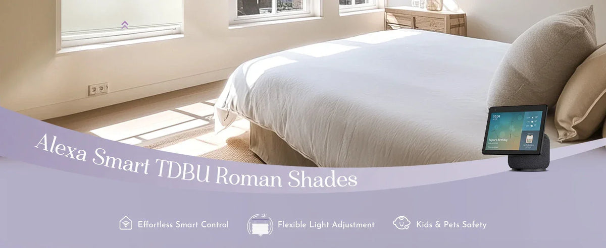 Smart home device on a bed with Alexa Smart TDBU Roman Shades branding.