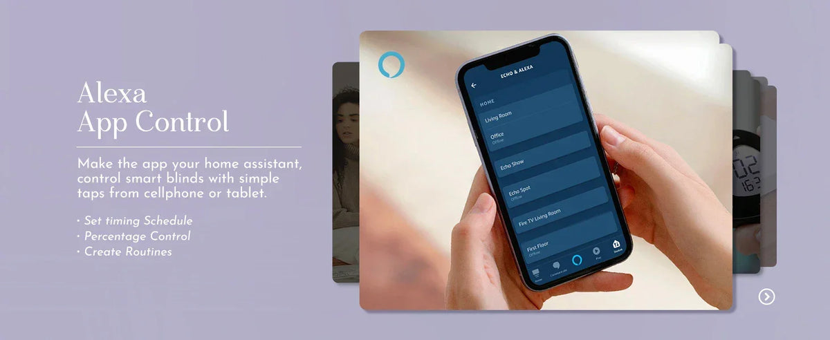 Person holding a smartphone with an app interface on a purple background, featuring text about Alexa App Control.