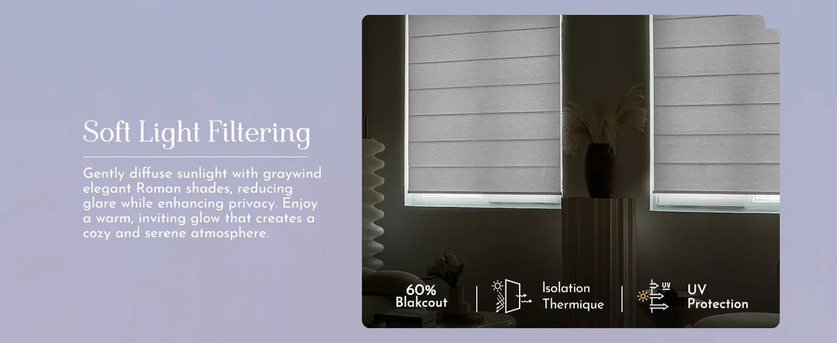 Window treatment with soft light filtering properties on a blue background